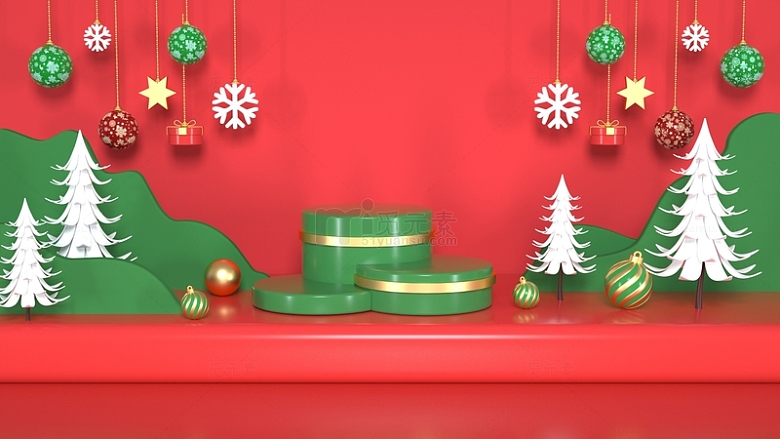 红色3D圣诞节圣诞树节日背景