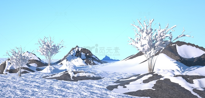 蓝色3D冬至雪景雪山枯木