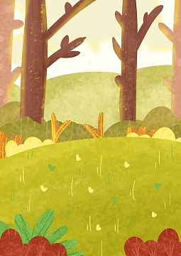 春天树林草地卡通手绘插画