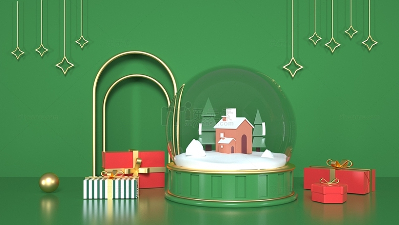 绿色3D立体圣诞节背景水晶球装饰
