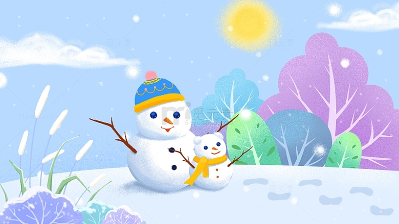 小清新手绘插画卡通可爱雪人冬至背景
