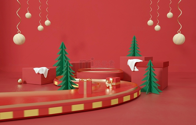 红色3D立体圣诞节圣诞树背景