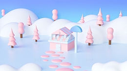粉红色小清新冬天卡通背景3D元素