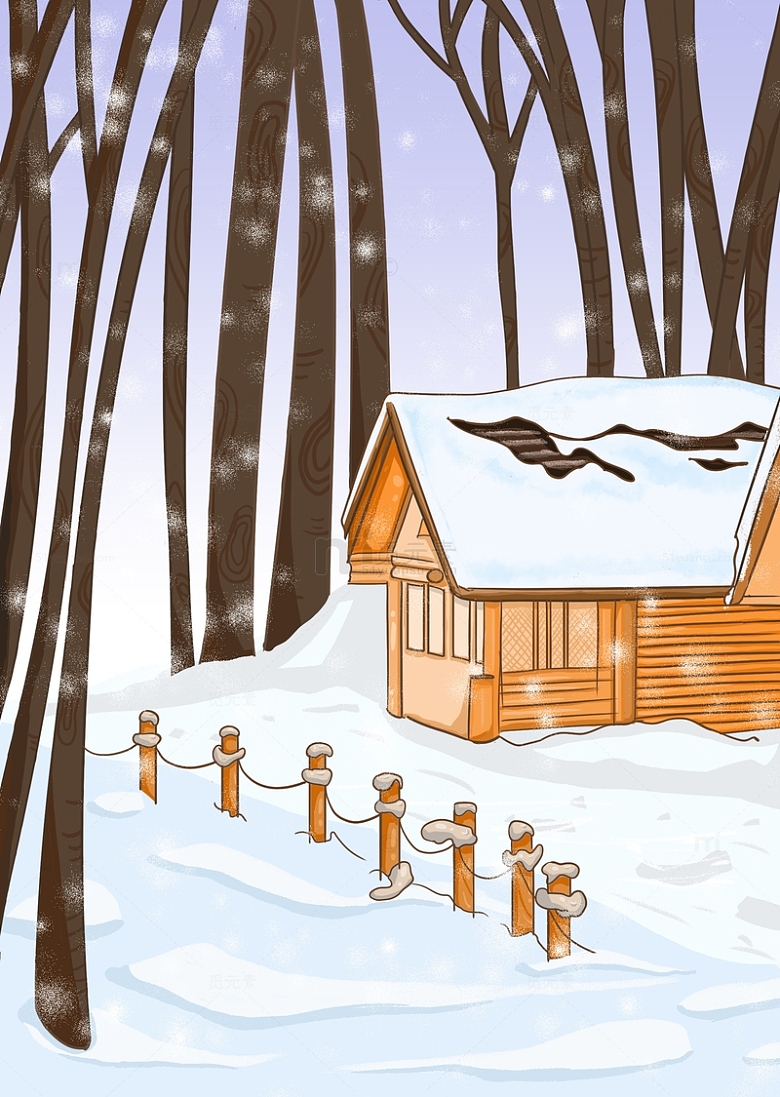 冬天雪景小木屋背景手绘图