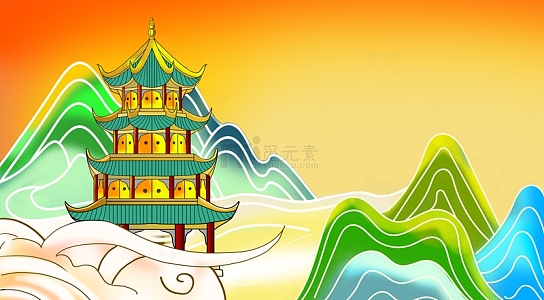 手绘国潮国背景亭台楼阁插画