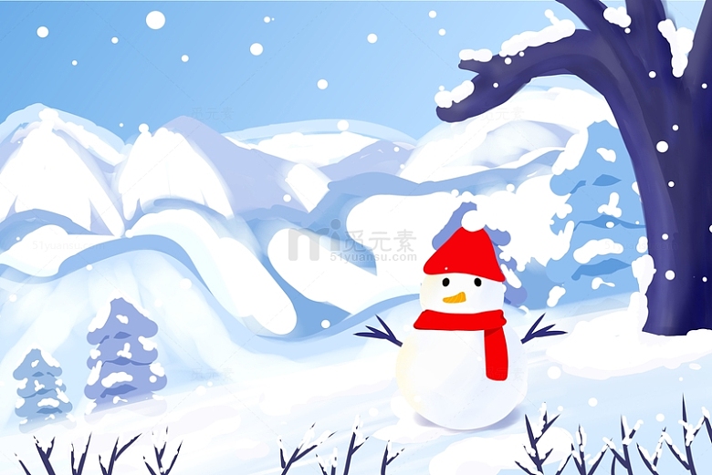 冬天冬季下雪雪人手绘卡通场景背景