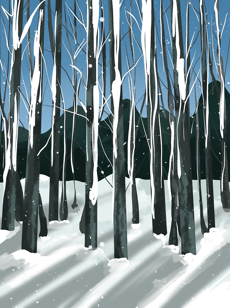 手绘户外雪景冬天大雪树林森林背景