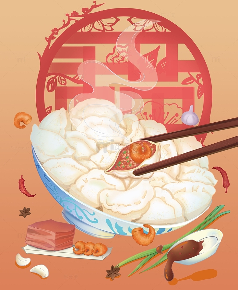 春节美食饺子插画手绘