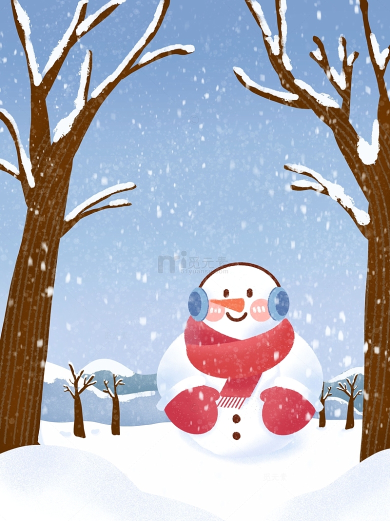 卡通手绘冬季户外雪人冬天春节背景