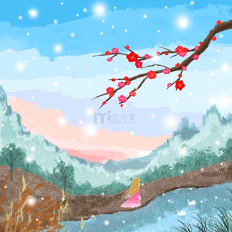 蓝色红梅冬天场景下雪森林雪景郊游手绘