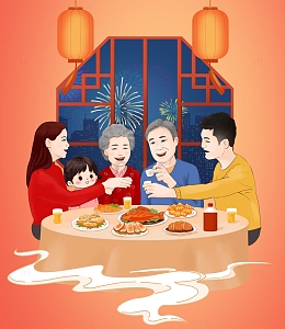 春节除夕年夜饭手绘图