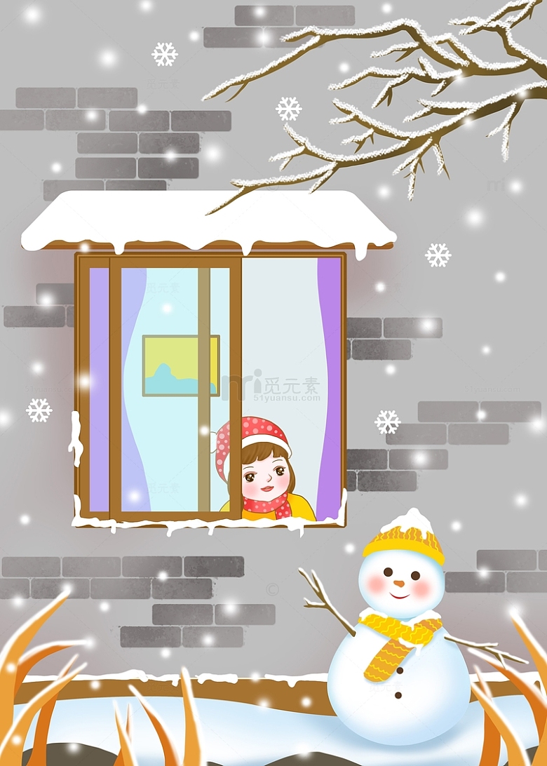白色元旦新年赏雪背景雪人