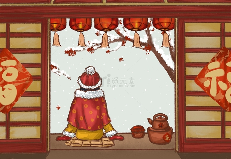 红色黄色中国风门口的小女孩手绘图
