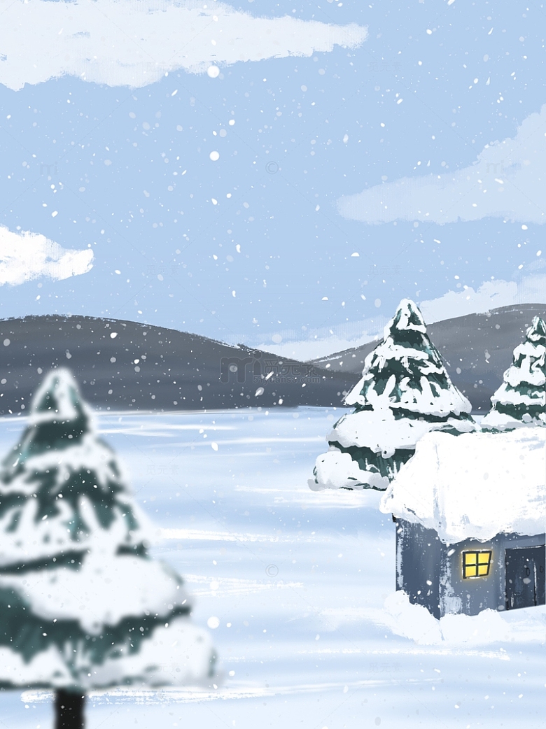手绘冬天冬至雪景下雪户外房屋大雪插画