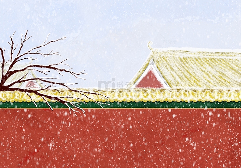 冬天古风红墙背景手绘