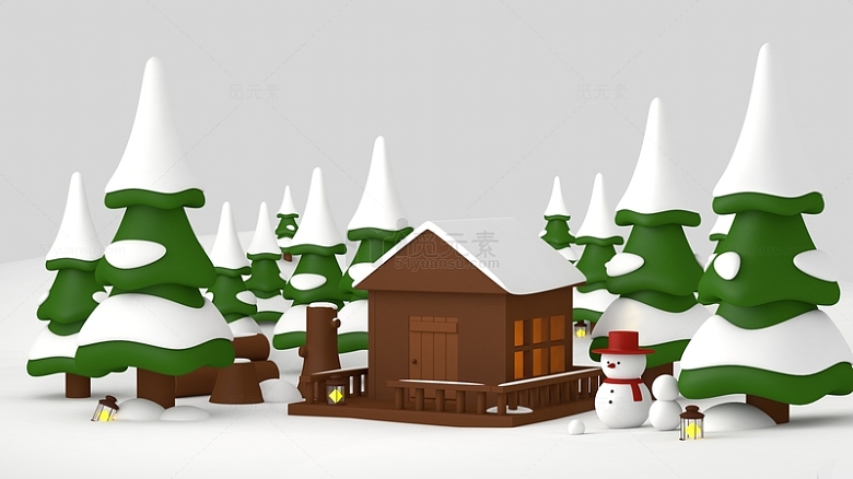 C4D冬天雪地森林木屋背景
