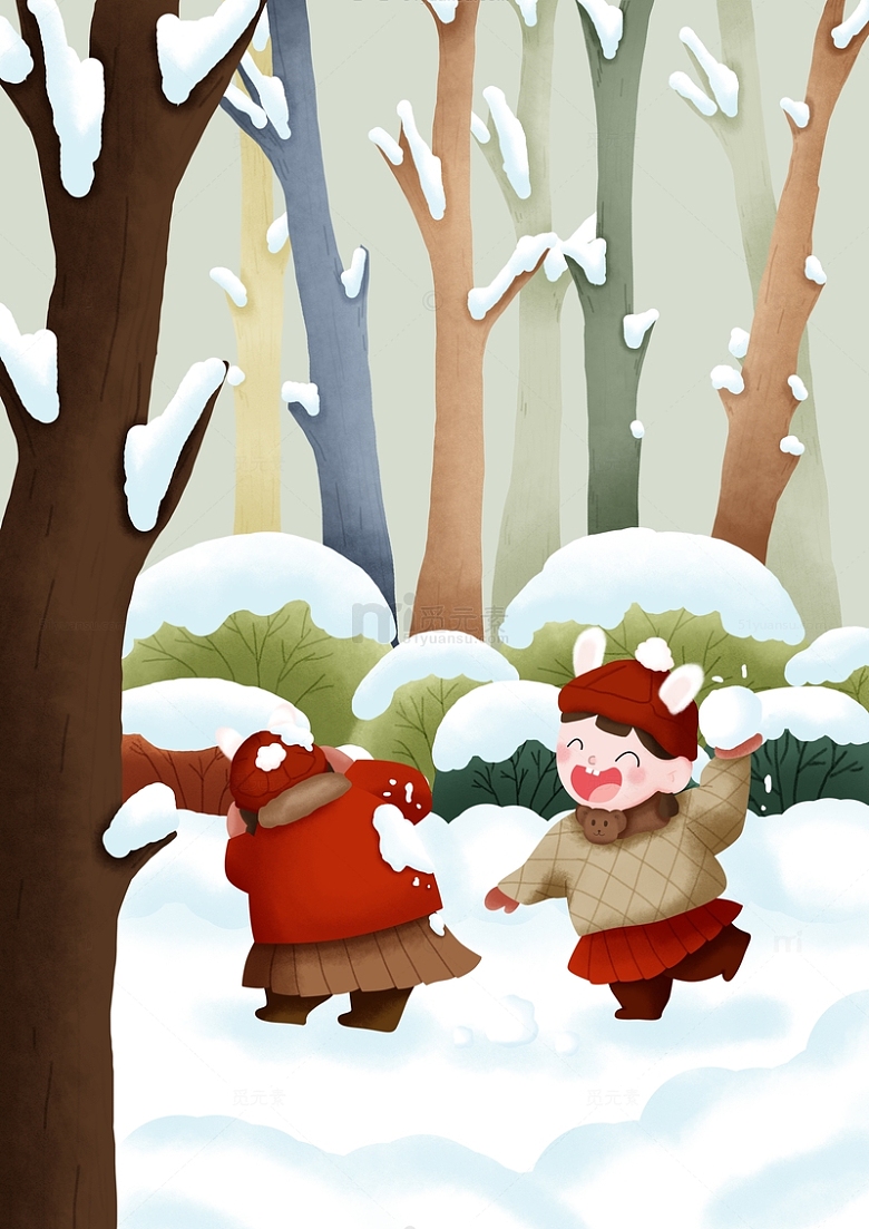 红色冬天户外兔子拟人打雪仗森林卡通手绘