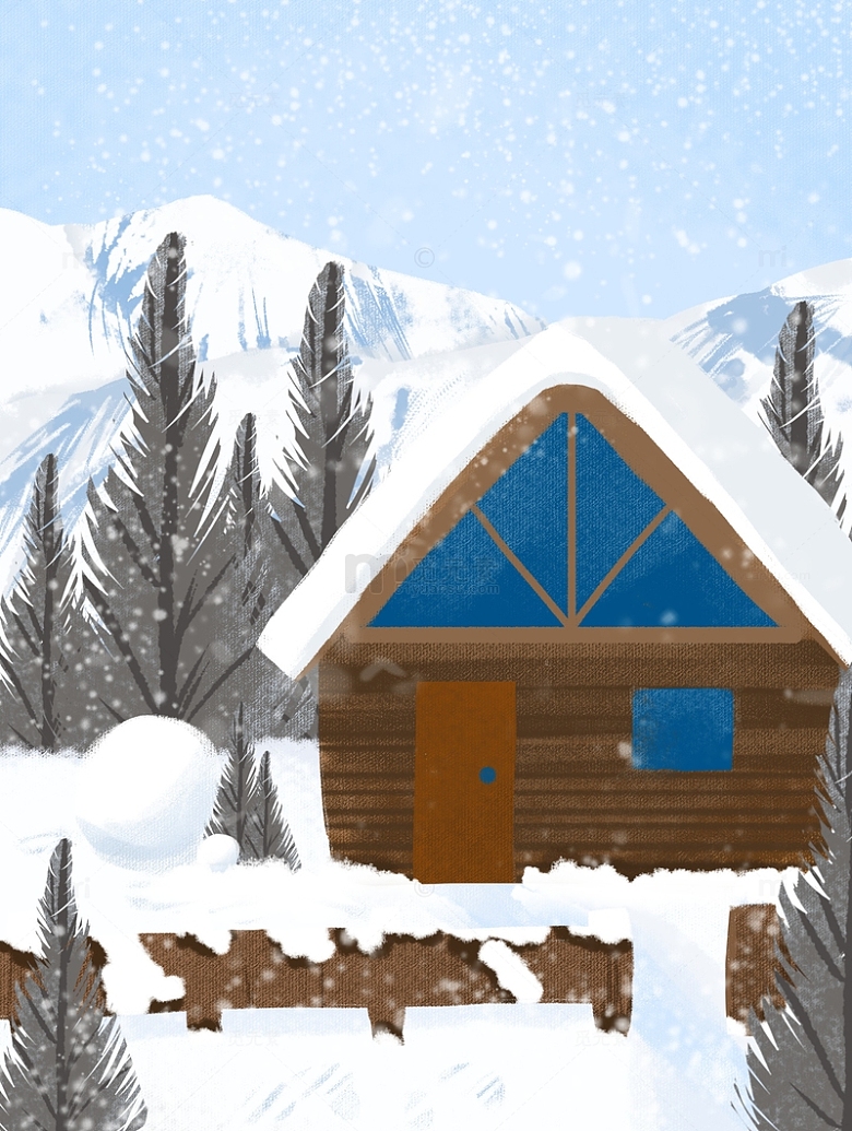 冬天背景山中小屋下雪手绘图