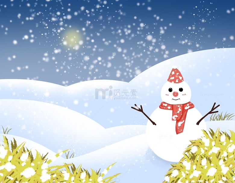 冬天春节背景夜景雪人下雪手绘图