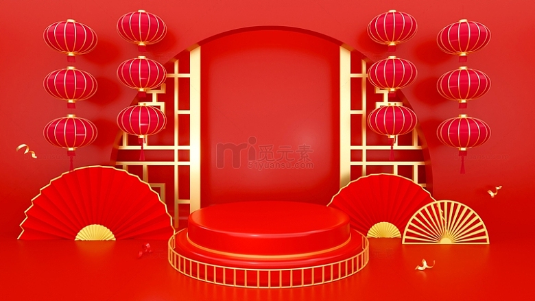 红色3D立体风格春节除夕新年红灯笼背景图