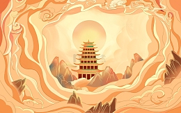 黄色手绘敦煌国潮风建筑塔祥云插画背景
