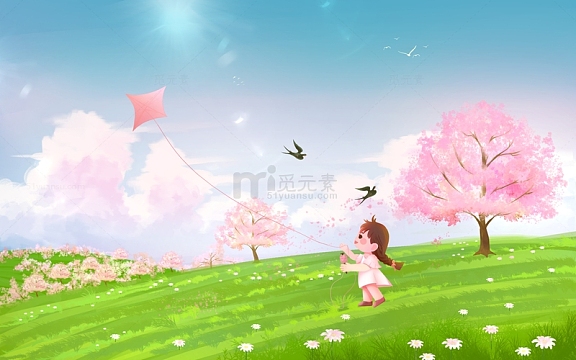 手绘卡通立春春季女孩放风筝插画背景