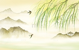 古风立春节气柳树枝燕子山水插画背景