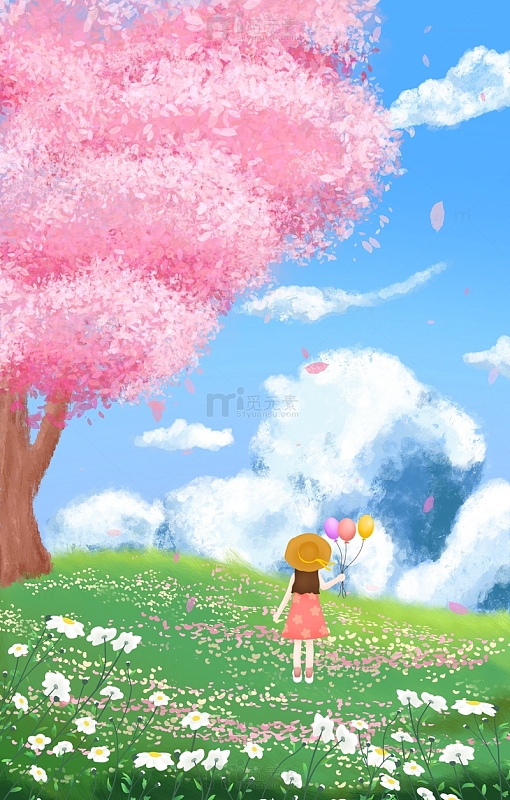 春天粉色樱花小清新草地女孩手绘插画