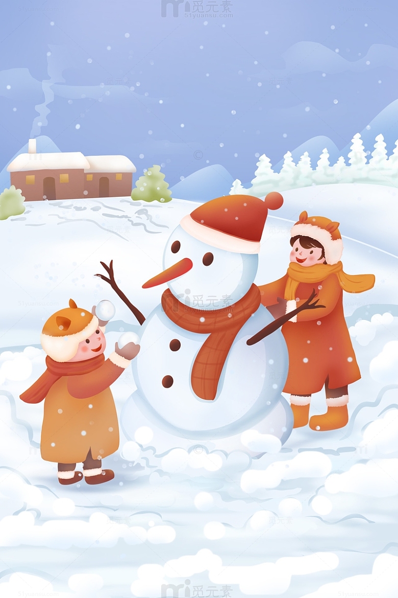 手绘卡通大雪冬季儿童堆雪人插画背景