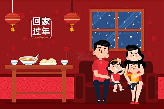 新年回家过年团圆全家福插画背景