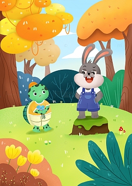 儿童插画秋日场景龟兔赛跑绘本故事
