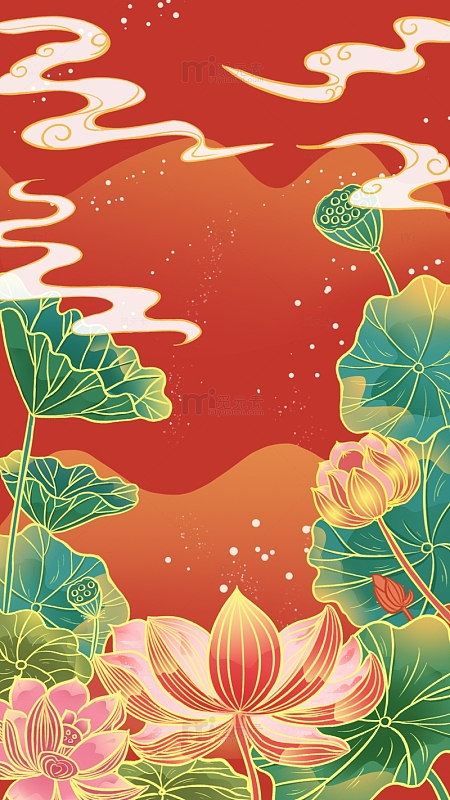 红色国潮荷叶风喜庆年货节氛围感手绘背景