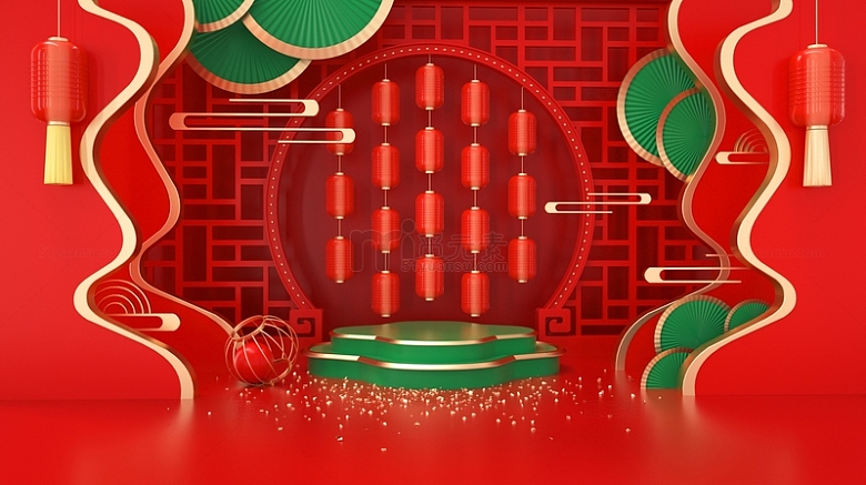 红色C4D年货节新年背景