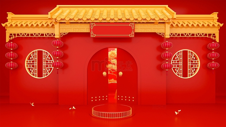 红色3D立体风格中式大门开门红展台背景图
