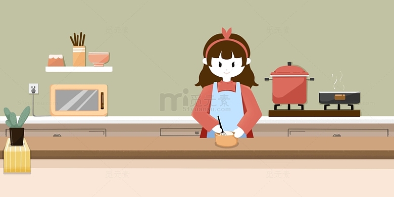绿色厨房女孩人物做菜背景