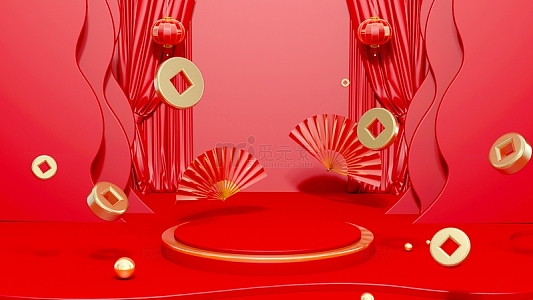 新年红色喜庆开门红电商展台C4D背景素材