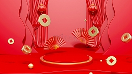 新年红色喜庆开门红电商展台C4D背景素材