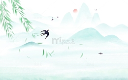 绿色古风水墨意境山水柳条燕子春天插画背景