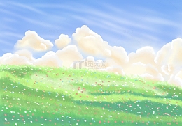 小清新蓝天白云草地背景手绘