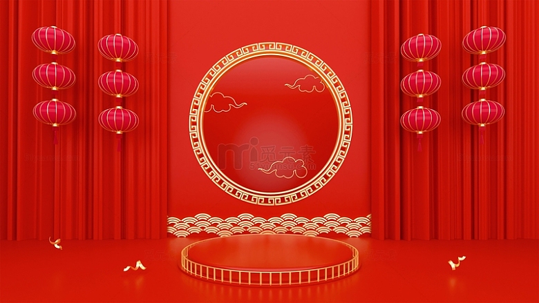 红色3D立体风格幕布展台中式窗框背景图