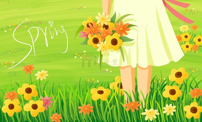 春天绿色清新花草背景手拿鲜花女孩手绘插画