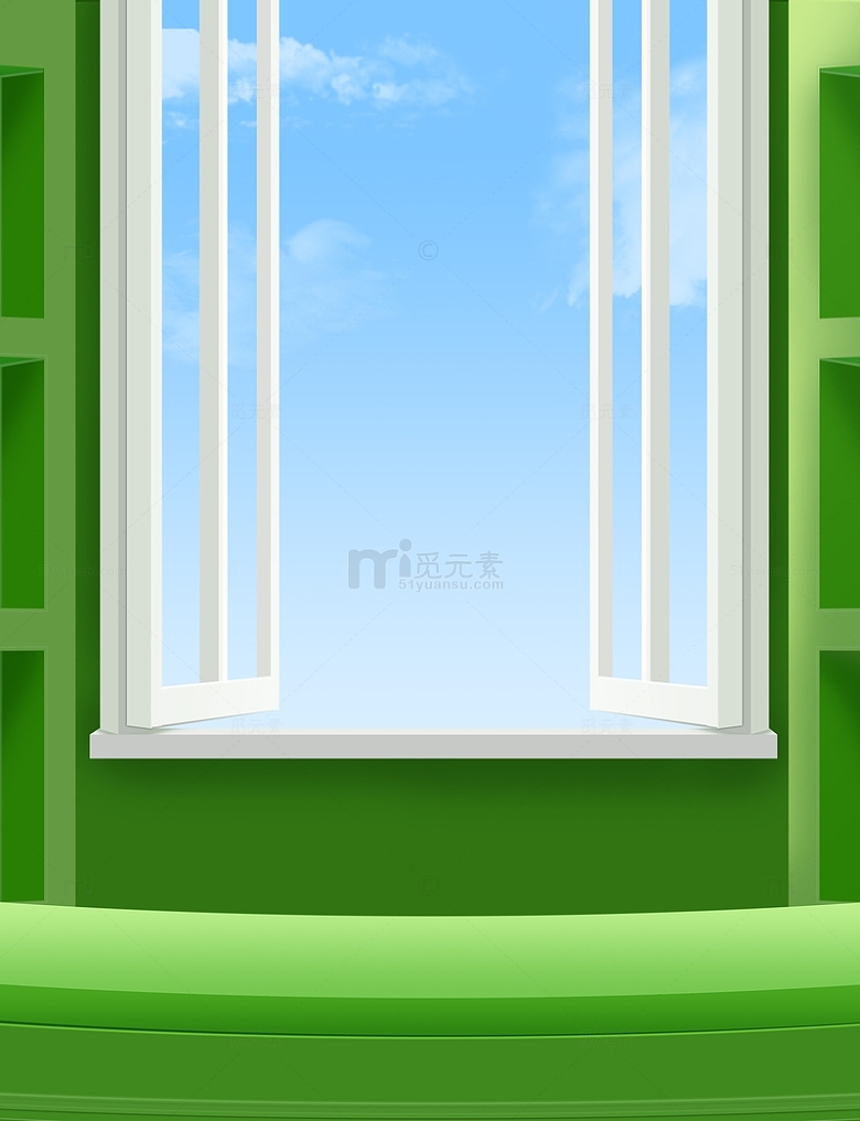 绿色清新春天窗户柜子踏青电商海报天空背景