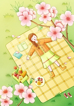 春天绿色清新春游野餐女孩桃花草地手绘插画