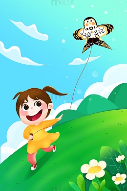 春天可爱小女孩放风筝场景