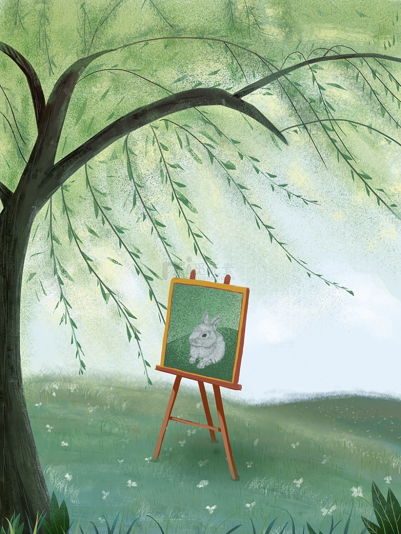 绿色小清新春天郊游写生柳树手绘插画图