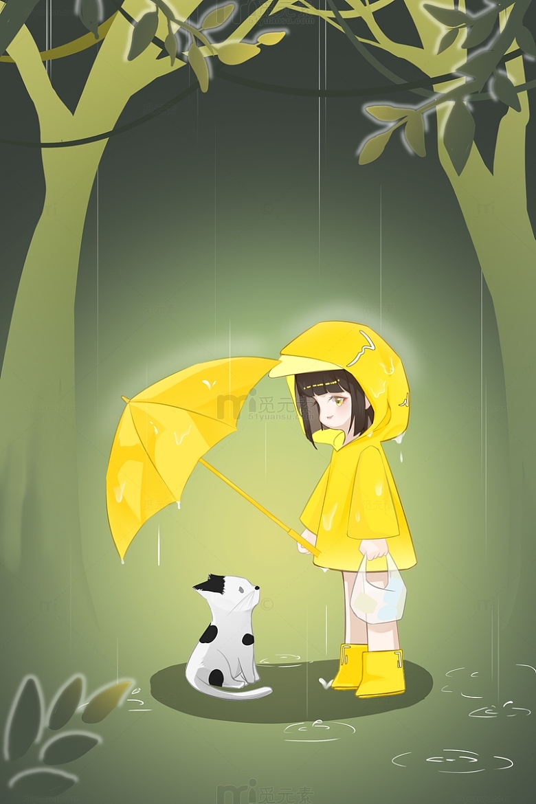 绿色卡通为猫撑伞的少女雨水背景插画