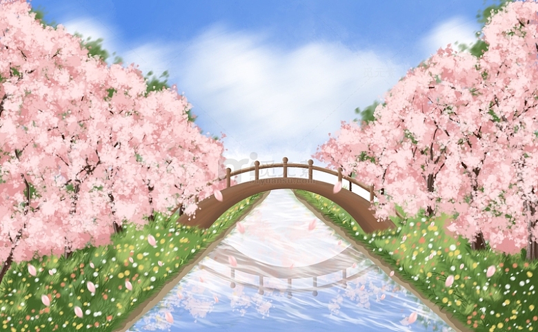春天樱花草地花草小河小桥背景