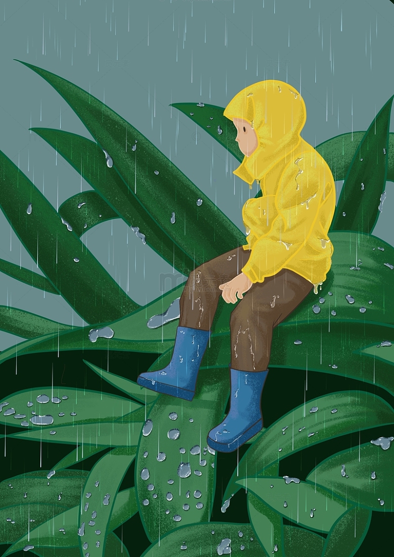 下雨天的黄色雨衣小男孩坐在叶子上手绘插画
