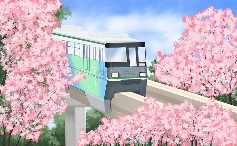 开往春天的列车轻轨樱花桃花轨道