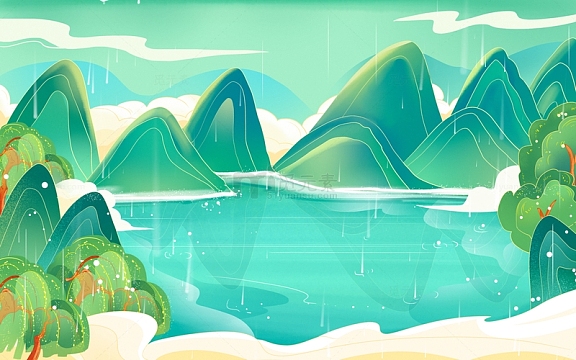 手绘国潮山水绿色春天雨水下雨柳树背景素材